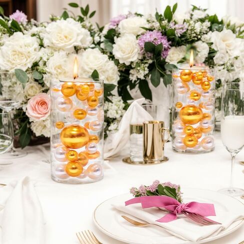 DomeStar 110PCS Floating Beads No Hole, Floating Pearls Vase Fillers Table Centerpieces Faux Pearls for Vase Floating Candle Centerpiece Home Weddings Party Decoration, 10/14/20/30 mm(Gold) in Kuwait