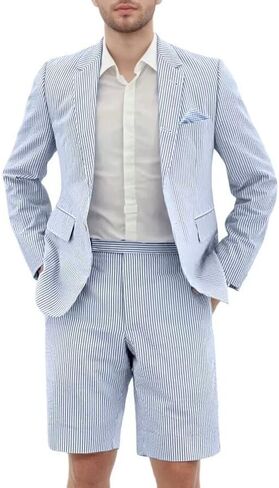 Seersucker Suit Mens Regular Fit Jacket Shorts Casual 2 Piece Pinstripe Suit Holiday Outfits for Summer Wedding in Saudi Arabia
