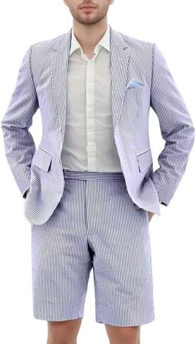 Seersucker Suit Mens Regular Fit Jacket Shorts Casual 2 Piece Pinstripe Suit Holiday Outfits for Summer Wedding in Saudi Arabia