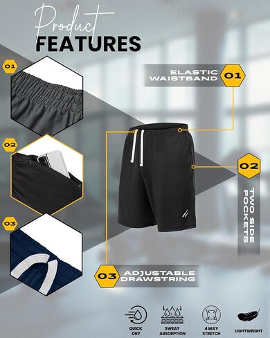 NY Threads 3 Pack Men's Athletic Shorts Quick Dry Lightweight Workout Running Gym Shorts with Pockets in Saudi Arabia