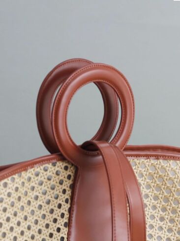 BEACH BAGS-Women's Rattan Woven Big Handbag Straw Tote Long Strap Leather Match Bag in Kuwait