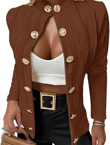Women Argyle Cable Cardigan Casual Lightweight Cropped Coat Stand Collar Long Sleeve Metal Button Front Spring Jackets in Saudi Arabia