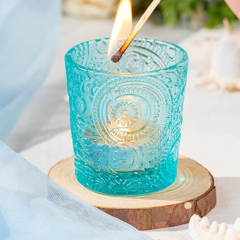 6 Pack Patented Sun Moon Star Embossed Glass Tea Light Candle Holders - Unique Votive Candle Holders for Wedding, Party, and Table Centerpieces (Pumpkin Spice) in Kuwait