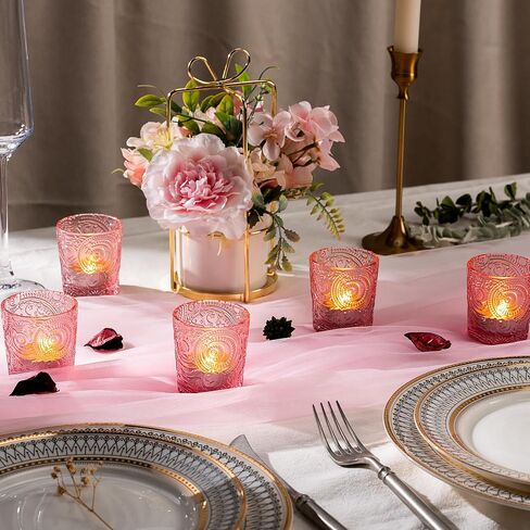6 Pack Patented Sun Moon Star Embossed Glass Tea Light Candle Holders - Unique Votive Candle Holders for Wedding, Party, and Table Centerpieces (Pumpkin Spice) in Kuwait