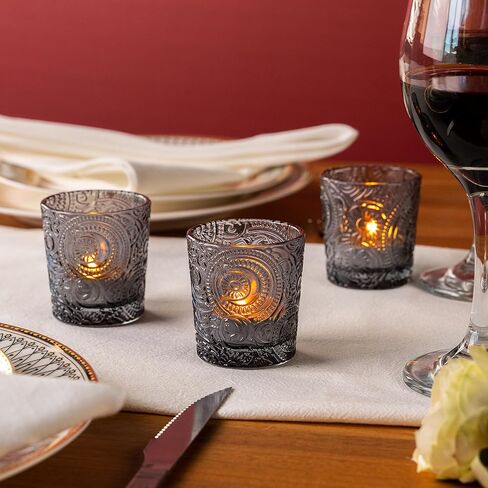 6 Pack Patented Sun Moon Star Embossed Glass Tea Light Candle Holders - Unique Votive Candle Holders for Wedding, Party, and Table Centerpieces (Pumpkin Spice) in Kuwait