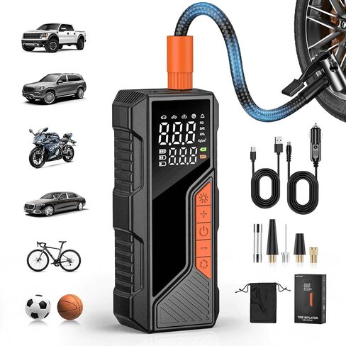 Tire Inflator Portable Air Compressor, Tire Inflator with Power Bank & LED Flashlight, Cordless Rechargeable Pump for Cars, Bikes, Balls, Digital Pressure Gauge, 12V Power Car Power Adapter in Saudi Arabia
