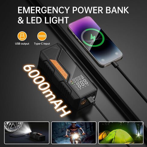 Tire Inflator Portable Air Compressor, Tire Inflator with Power Bank & LED Flashlight, Cordless Rechargeable Pump for Cars, Bikes, Balls, Digital Pressure Gauge, 12V Power Car Power Adapter in Saudi Arabia