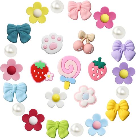 25PCS Cute Shoe Charms for Girls & Women, Colourful Aesthetic DIY Accessories with Pearl, Bowknot, Flower, Strawberry, Cherry for Party, Travel, Birthday Gifts in Kuwait