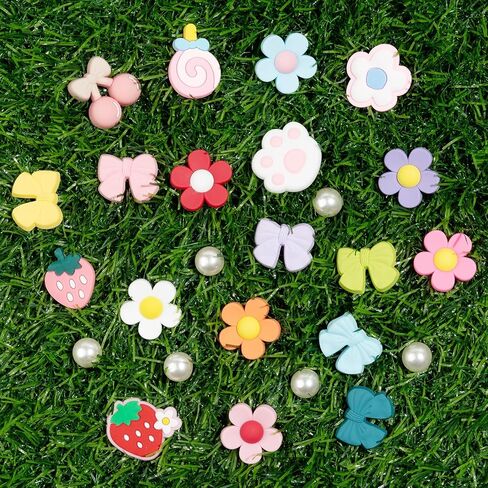 25PCS Cute Shoe Charms for Girls & Women, Colourful Aesthetic DIY Accessories with Pearl, Bowknot, Flower, Strawberry, Cherry for Party, Travel, Birthday Gifts in Kuwait