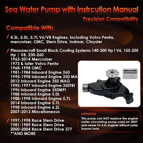 Circulating Water Pump with Gaskets | Replacement for Mercruiser, 1968-1998 OMC, Stern Drive, Chrysler and Indmar, Inboard Engines | Replaces# 8M0113734, 8503991, 18-3599-2, 17437 in Saudi Arabia