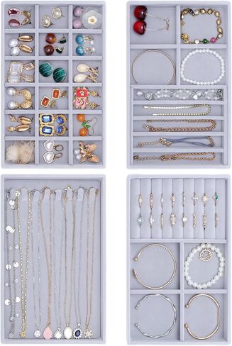 Jewelry Drawer Organizer, Jewelry Organizers for Drawer Inserts Velvet Stackable Jewelry Tray Organizers Earring Necklace Organizer Trays and Storage for Women, Grey in Saudi Arabia