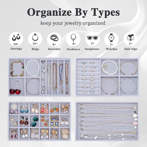 Jewelry Drawer Organizer, Jewelry Organizers for Drawer Inserts Velvet Stackable Jewelry Tray Organizers Earring Necklace Organizer Trays and Storage for Women, Grey in Saudi Arabia