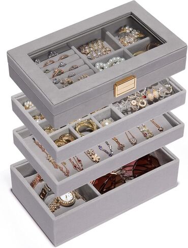 Homde Jewelry Tray Stackable Jewelry Box with Glass Lid, Removable Dividers for Vanity Table Gift Idea for Girls and Women (Black) in Saudi Arabia
