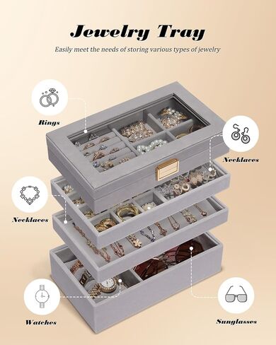 Homde Jewelry Tray Stackable Jewelry Box with Glass Lid, Removable Dividers for Vanity Table Gift Idea for Girls and Women (Black) in Saudi Arabia