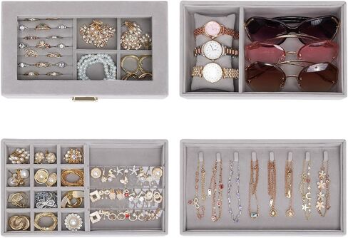 Homde Jewelry Tray Stackable Jewelry Box with Glass Lid, Removable Dividers for Vanity Table Gift Idea for Girls and Women (Black) in Saudi Arabia