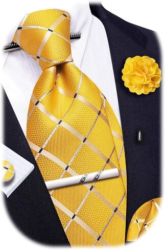 Barry.Wang Tie Sets Man Silk Solid Plaid Skinny Extra Long Necktie Collar Pin Pocket Square Cufflinks Business Wedding in Saudi Arabia
