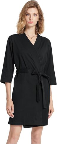 SIORO Womens 100% Cotton Robe, Knee-Length Bathrobe with V-Neck & 3/4 Sleeves, Plus Size Loungewear for Sleep, Spa & Shower in Saudi Arabia
