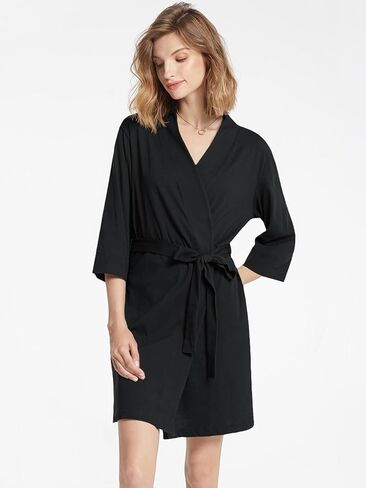SIORO Womens 100% Cotton Robe, Knee-Length Bathrobe with V-Neck & 3/4 Sleeves, Plus Size Loungewear for Sleep, Spa & Shower in Saudi Arabia