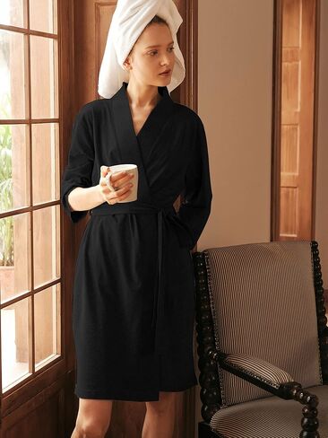 SIORO Womens 100% Cotton Robe, Knee-Length Bathrobe with V-Neck & 3/4 Sleeves, Plus Size Loungewear for Sleep, Spa & Shower in Saudi Arabia