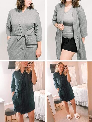 SIORO Womens 100% Cotton Robe, Knee-Length Bathrobe with V-Neck & 3/4 Sleeves, Plus Size Loungewear for Sleep, Spa & Shower in Saudi Arabia