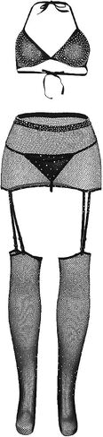 Ohyeah Sparkle Rhinestone Fishnet Bra & High Weist Sarter مع جوارب منظور جوفاء خارج ملابس الملابس الداخلية in Saudi Arabia