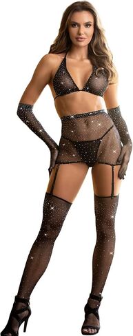 Ohyeah Sparkle Rhinestone Fishnet Bra & High Weist Sarter مع جوارب منظور جوفاء خارج ملابس الملابس الداخلية in Saudi Arabia