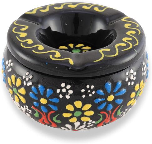 Handmade Black Ceramic Cigarette Ashtray with Lid - Windproof, for Indoor and Outdoor Use, Elegant Home and Office Decoration in Saudi Arabia