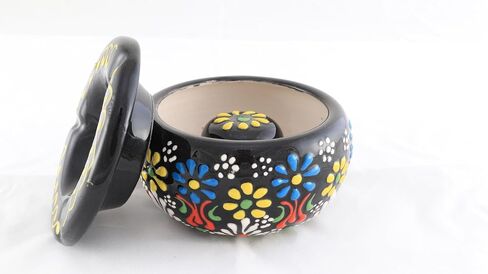 Handmade Black Ceramic Cigarette Ashtray with Lid - Windproof, for Indoor and Outdoor Use, Elegant Home and Office Decoration in Saudi Arabia