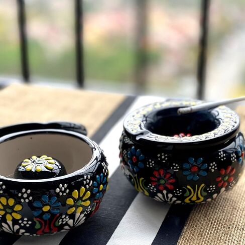 Handmade Black Ceramic Cigarette Ashtray with Lid - Windproof, for Indoor and Outdoor Use, Elegant Home and Office Decoration in Saudi Arabia