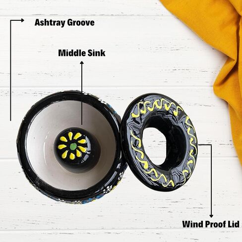Handmade Black Ceramic Cigarette Ashtray with Lid - Windproof, for Indoor and Outdoor Use, Elegant Home and Office Decoration in Saudi Arabia