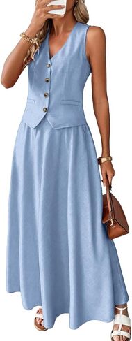 مجموعات من الكتان 2 قطعة للنساء الصيفية ، و Vest Vest Top & Flowy Maxi Skirt in Kuwait