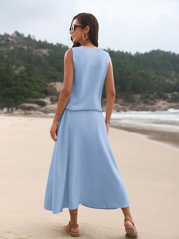 مجموعات من الكتان 2 قطعة للنساء الصيفية ، و Vest Vest Top & Flowy Maxi Skirt in Kuwait