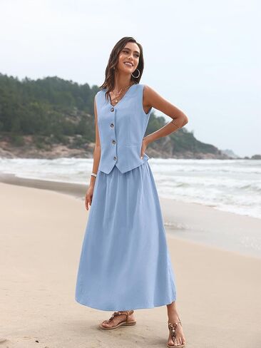 مجموعات من الكتان 2 قطعة للنساء الصيفية ، و Vest Vest Top & Flowy Maxi Skirt in Kuwait