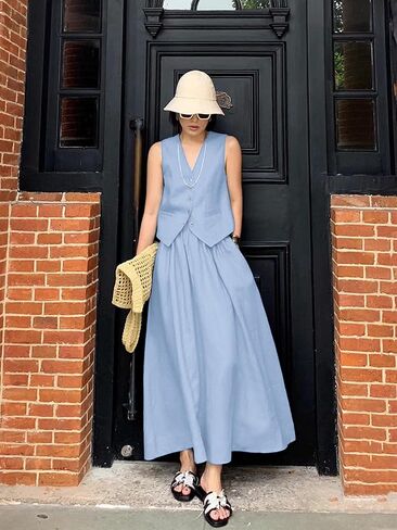 مجموعات من الكتان 2 قطعة للنساء الصيفية ، و Vest Vest Top & Flowy Maxi Skirt in Kuwait