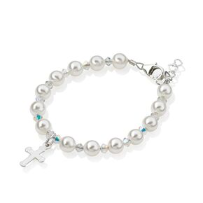 Baptism Bracelet for Baby Girls | Sterling Silver & Austrian Simulated Pearls | Engraved Cross Charm | White European Pearls & Crystals | Ideal Christening Gift | Delicate & Elegant