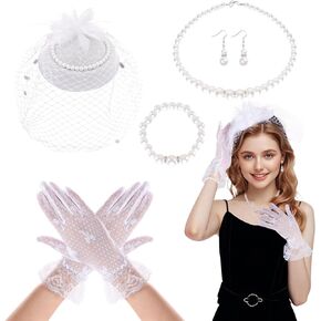 Sucrain 5 Pack Fascinators for Women Tea Party, Fascinator Hat Lace Gloves Pearl Jewelry Set for Women 1920s Party