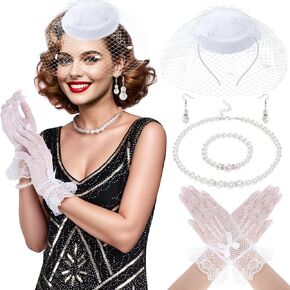 SUMERSHA 5Pcs Fascinator Hat for Women Tea Party Veil Hat Headband Lace Gloves Pearl Necklace Earring Bracelet Cocktail Wedding Halloween 1920s Vintage Accessories