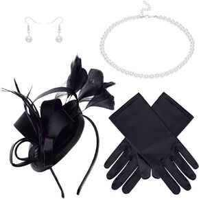 obmwang Fascinators Hat Women Tea Party Headband with Gloves Pearl Jewelry Set for Women Tea Party Wedding Cocktail Halloween
