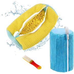 Shoe Washing Machine Bag 2PCS，Laundry Shoe Bag For Washer And Dryer，Reusable Shoe Cleaning Bag for All Shoe Types And Sizes，360°Wrap-around Shoe Washing Bag with One Shoe Brush(Yellow & Blue)