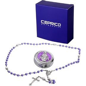 CEPRICO Catholic Pearl Cross Rosary Necklace — 6mm Glass Beads & 8 Mm Our Father Beads w/Caps, Miraculous Jewelry Box – Perfect Religious Gift for Women, Men — Ideal for Baptism, Prayer, Devotion