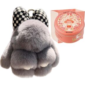 Bunny Lulu Keychain with Tin & Bag Rabbit Fur Bunny Lulu Keychain With Bow for Women Cute Soft Plush Accessory