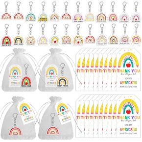 24 Set Teacher Appreciation Gifts Keychains Set Include 24 Keychain 24 Organza Bags 24 Thank You cards End of Year Teacher Gifts for Graduation Valentine‘s Day Festival Supplies