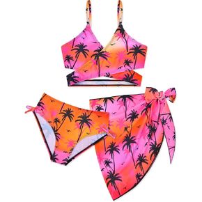 Girls Swimsuit 3 Piece Bathing Suits for Kids Criss Cross Bikini with Cover Up Skirt Girls' Swimwear