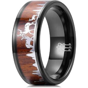 THREE KEYS JEWELRY Men Wedding Bands 8mm Tungsten Hunting Gold/Silver Viking Deer Forest Carbide Wood Ring with With Sandalwood Inlay Polished Infinity Unique for Him Black/Custom Ring Personalized Ring