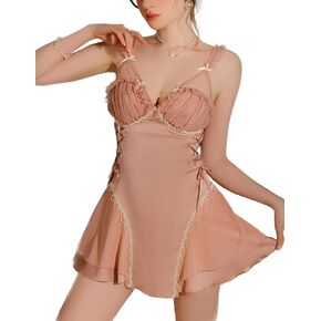 Women Sexy Satin Pajamas Bridal Baby Doll Lingerie Lace Nightgowns Ruched Mesh Sleepwear Ruffle A Line Lounge in Kuwait