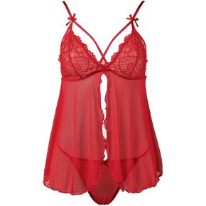 Lilosy Sexy Strappy Ruffle Sheer Mesh Floral Lace Babydoll Lingerie Dress With Tong 2 Piece