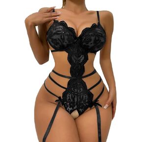 Women's Deep V Teddy Lingerie Lace Cut Out Babydoll Bodysuit