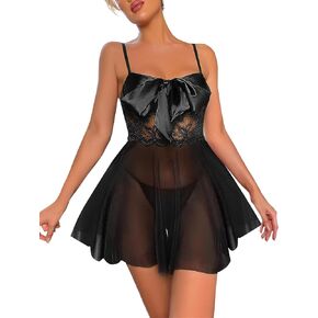 Lilosy Sexy Bow Knot Front Strappy Floral Mesh Sheer Lace Babydoll Lingerie Set Chemise With Thong