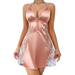 Sexy Floral Strap Side Embroidered Mesh Sheer Cutout Babydoll Lingerie Dress One Piece