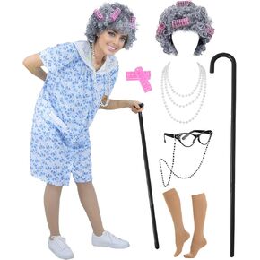9pcs زي سيدة عجوز للنساء 100 يوم من أزياء المدرسة الجدة ملحقات أزياء سيدة العجوز